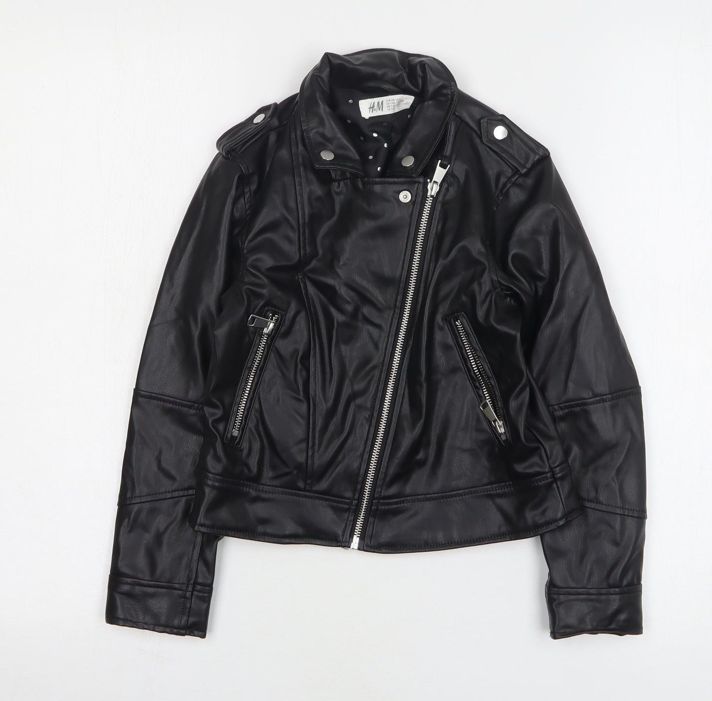 H&M Girls Black Biker Jacket Size 7-8 Years Zip - Leather Look