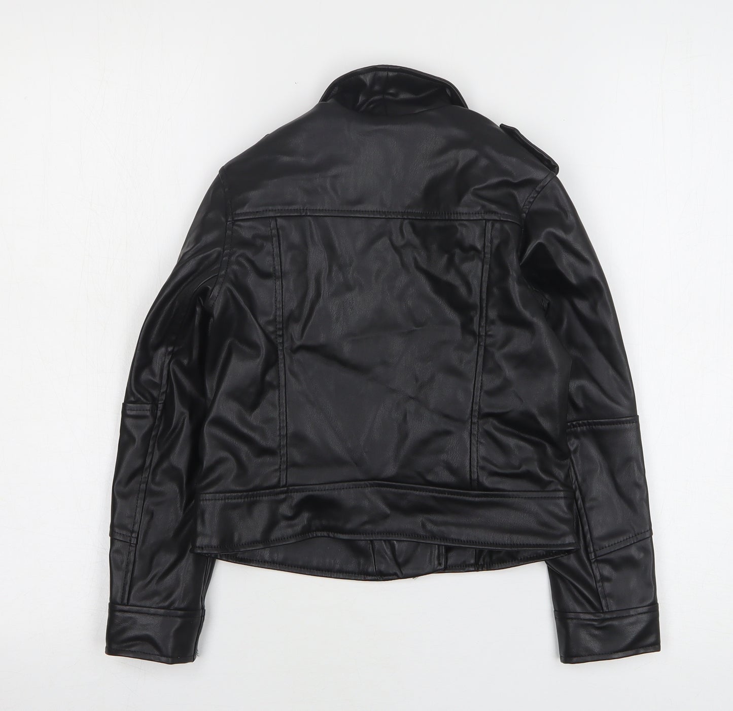 H&M Girls Black Biker Jacket Size 7-8 Years Zip - Leather Look