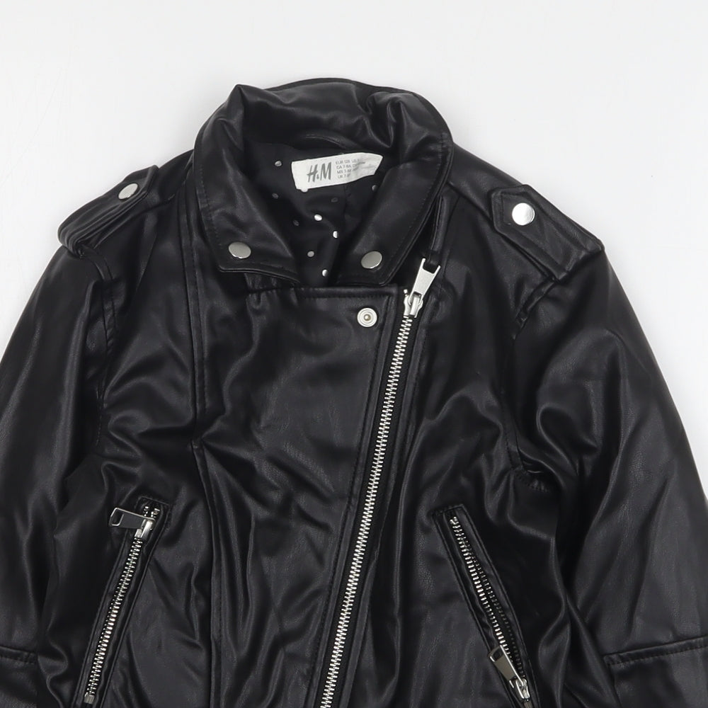 H&M Girls Black Biker Jacket Size 7-8 Years Zip - Leather Look