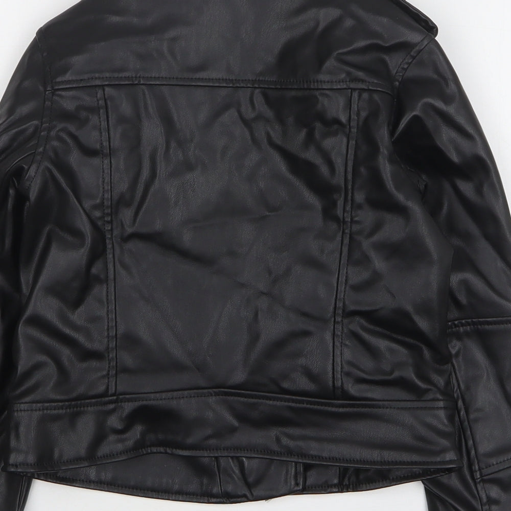 H&M Girls Black Biker Jacket Size 7-8 Years Zip - Leather Look