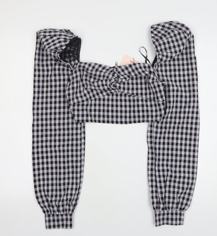 Missguided Womens Purple Check Polyester Cropped Blouse Size 4 Sweetheart
