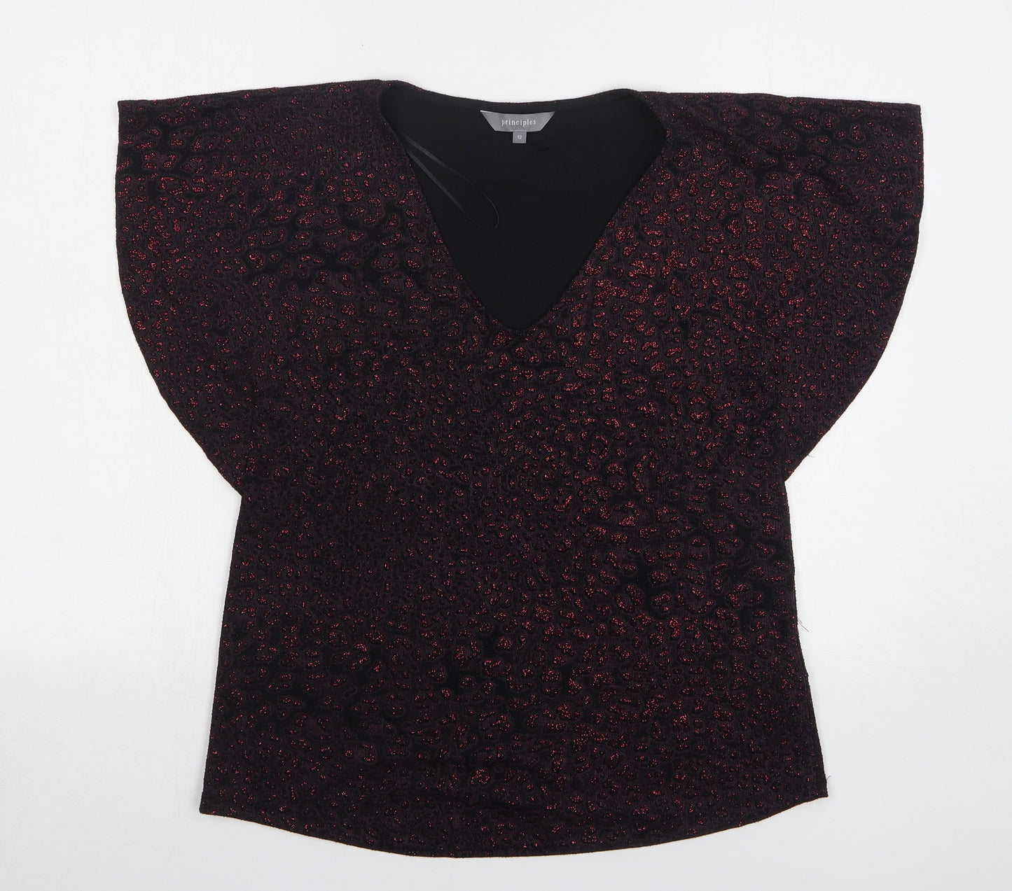 Principles Womens Purple Animal Print Nylon Basic Blouse Size 12 V-Neck