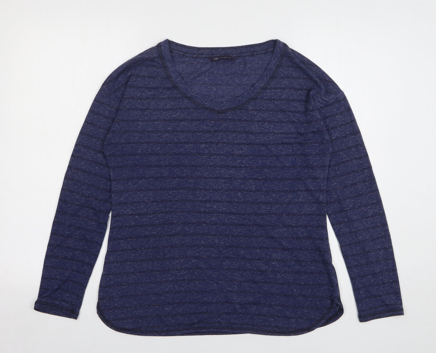 Marks and Spencer Womens Blue Striped Polyester Basic T-Shirt Size 12 Round Neck