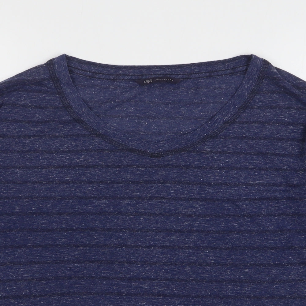 Marks and Spencer Womens Blue Striped Polyester Basic T-Shirt Size 12 Round Neck