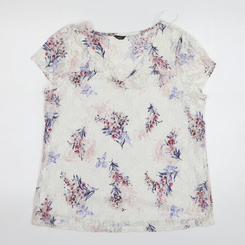 M&Co Womens White Floral Polyester Basic Blouse Size 12 V-Neck