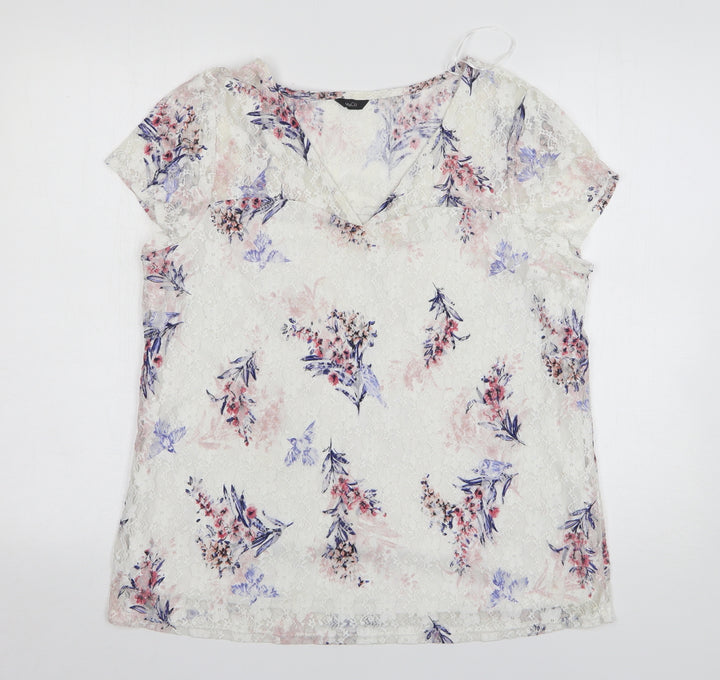 M&Co Womens White Floral Polyester Basic Blouse Size 12 V-Neck