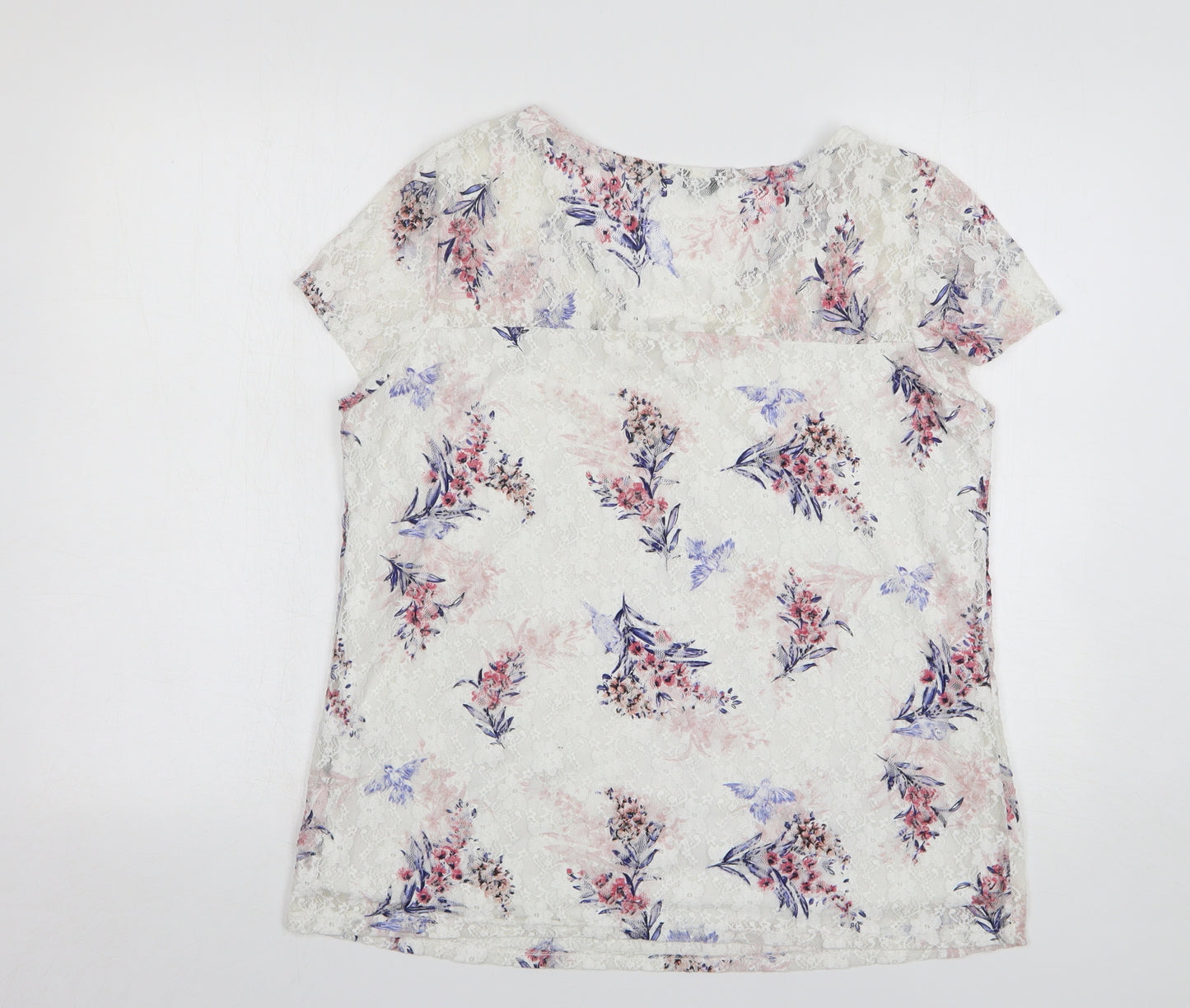 M&Co Womens White Floral Polyester Basic Blouse Size 12 V-Neck