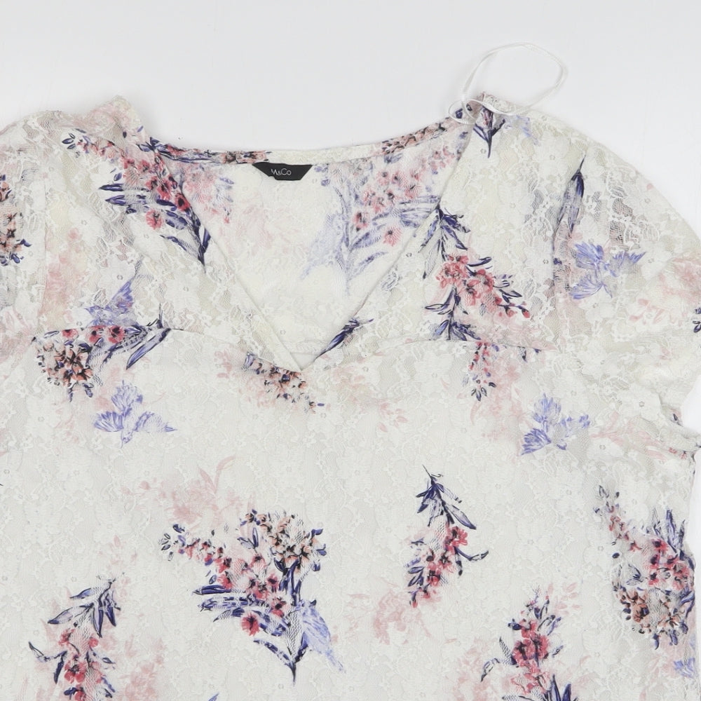 M&Co Womens White Floral Polyester Basic Blouse Size 12 V-Neck