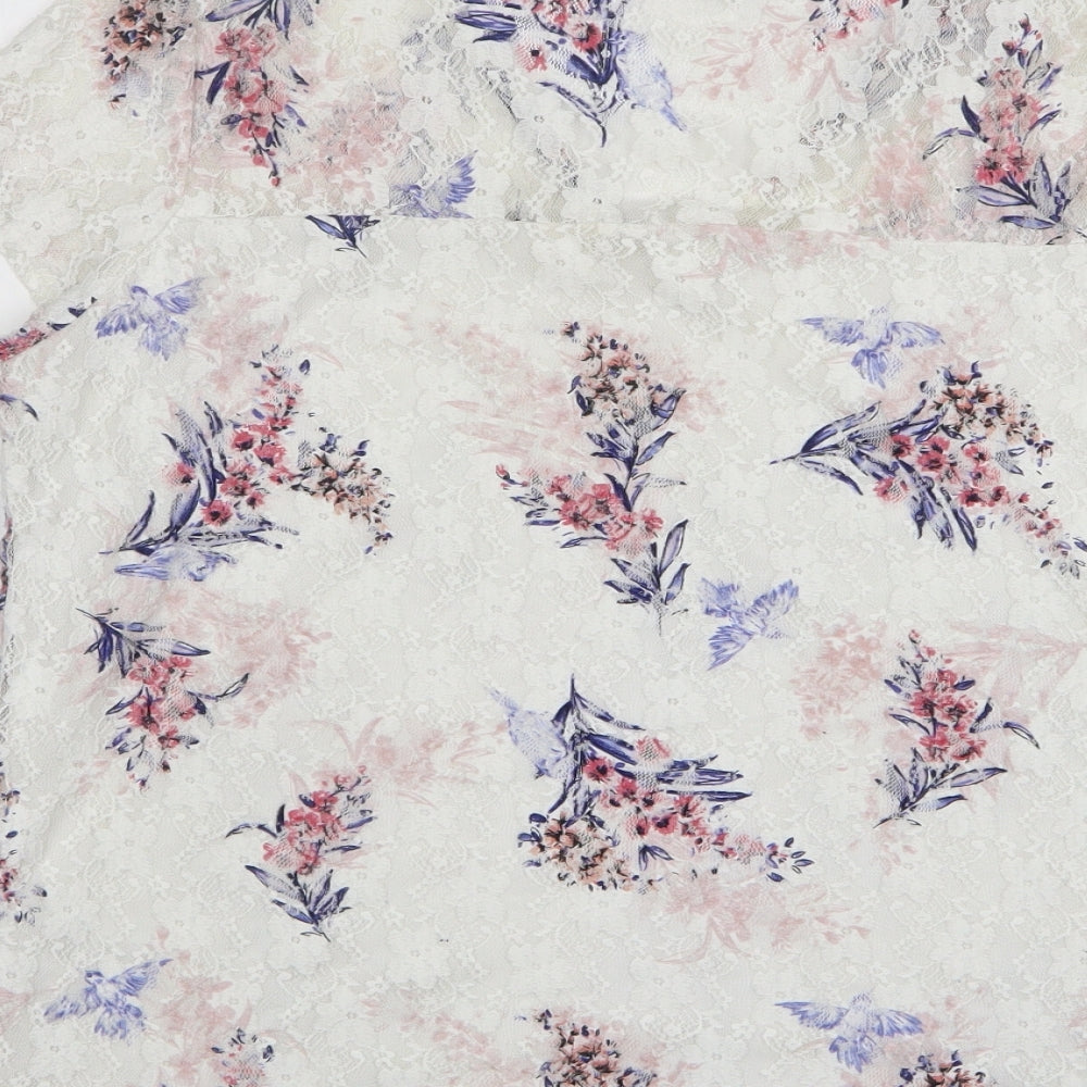 M&Co Womens White Floral Polyester Basic Blouse Size 12 V-Neck
