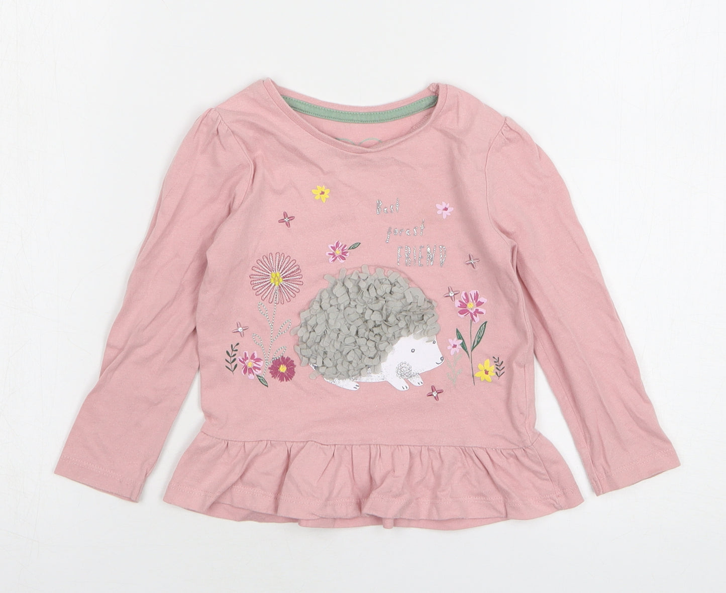 Primark Girls Pink Floral Cotton Basic T-Shirt Size 18-24 Months Round Neck Pullover - Hedgehog