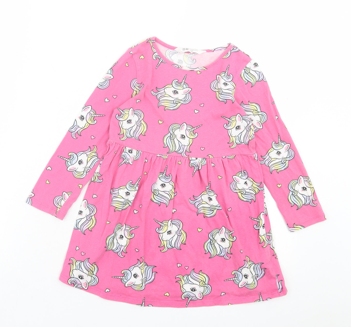 H&M Girls Pink Geometric Cotton Skater Dress Size 4-5 Years Crew Neck Pullover - Unicorn Print