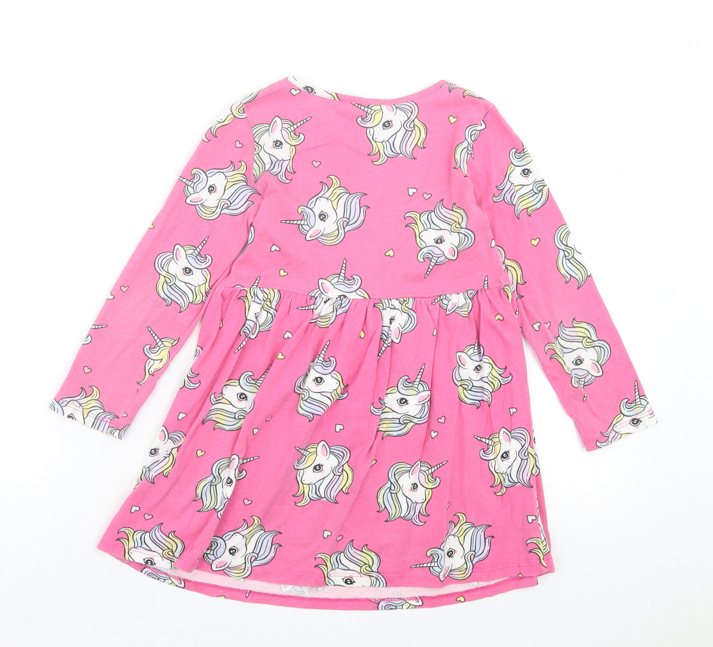 H&M Girls Pink Geometric Cotton Skater Dress Size 4-5 Years Crew Neck Pullover - Unicorn Print