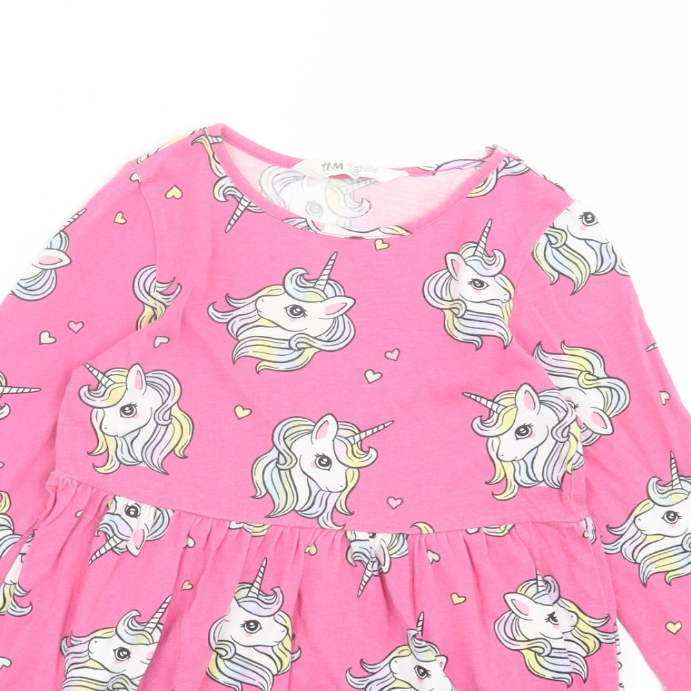 H&M Girls Pink Geometric Cotton Skater Dress Size 4-5 Years Crew Neck Pullover - Unicorn Print
