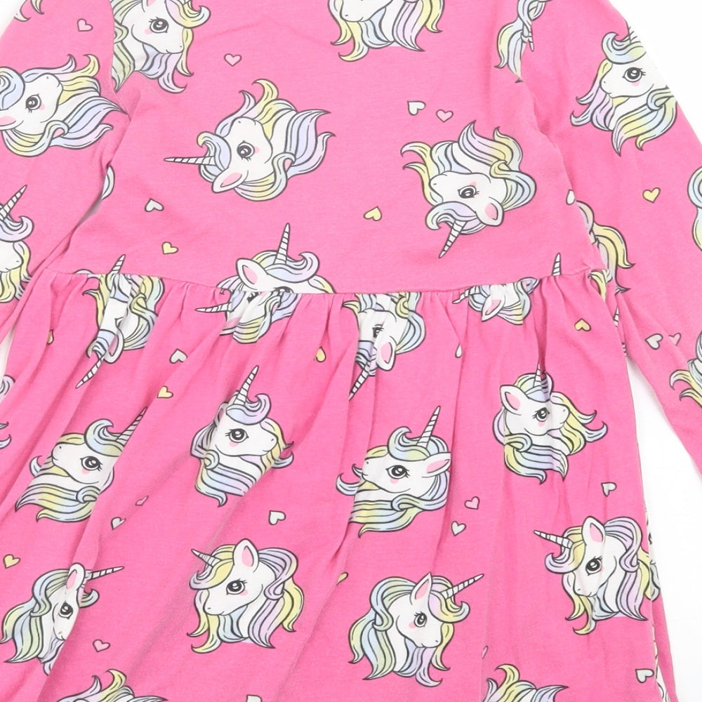 H&M Girls Pink Geometric Cotton Skater Dress Size 4-5 Years Crew Neck Pullover - Unicorn Print