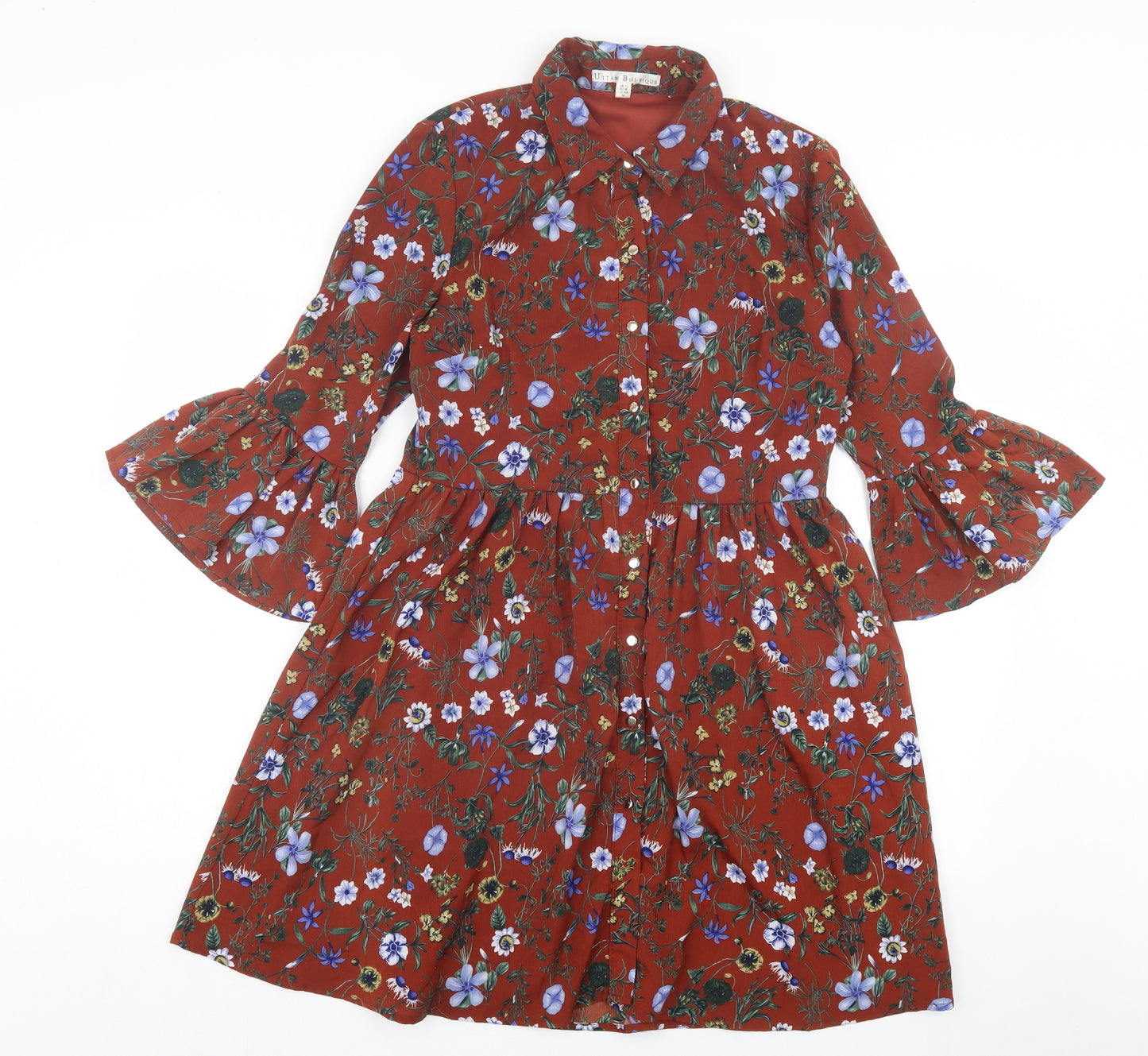 Uttam Boutique Womens Brown Floral Polyester A-Line Size 12 Collared Button - Frill Sleeves