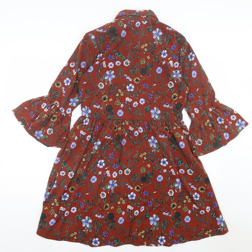 Uttam Boutique Womens Brown Floral Polyester A-Line Size 12 Collared Button - Frill Sleeves