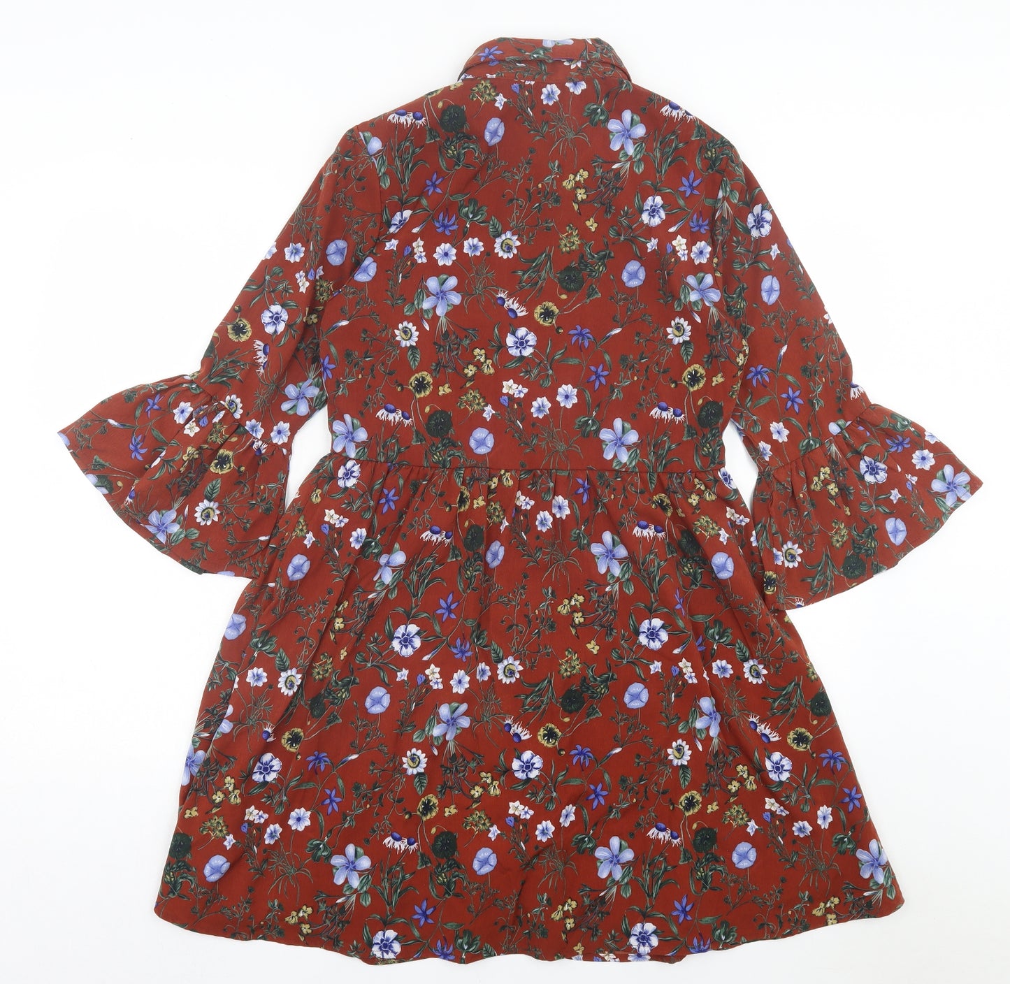 Uttam Boutique Womens Brown Floral Polyester A-Line Size 12 Collared Button - Frill Sleeves