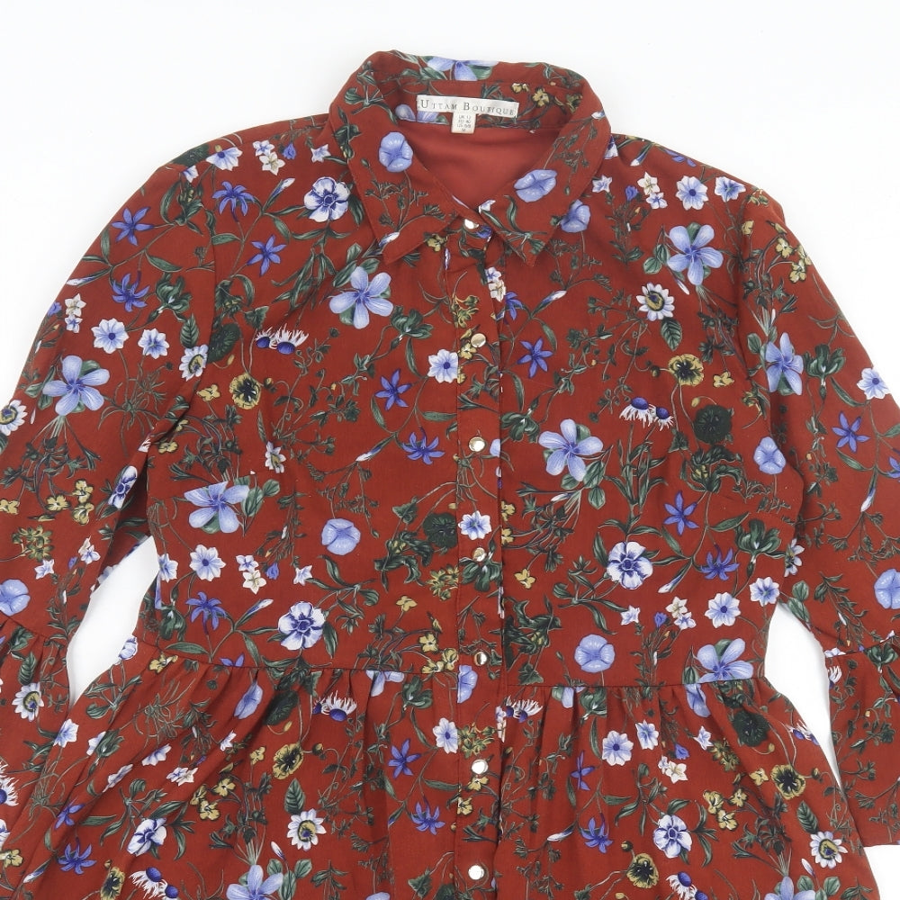 Uttam Boutique Womens Brown Floral Polyester A-Line Size 12 Collared Button - Frill Sleeves