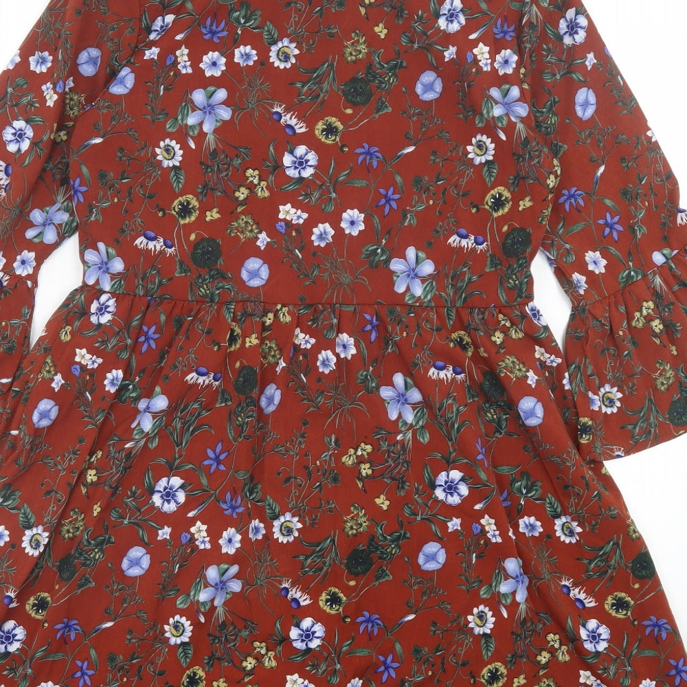 Uttam Boutique Womens Brown Floral Polyester A-Line Size 12 Collared Button - Frill Sleeves