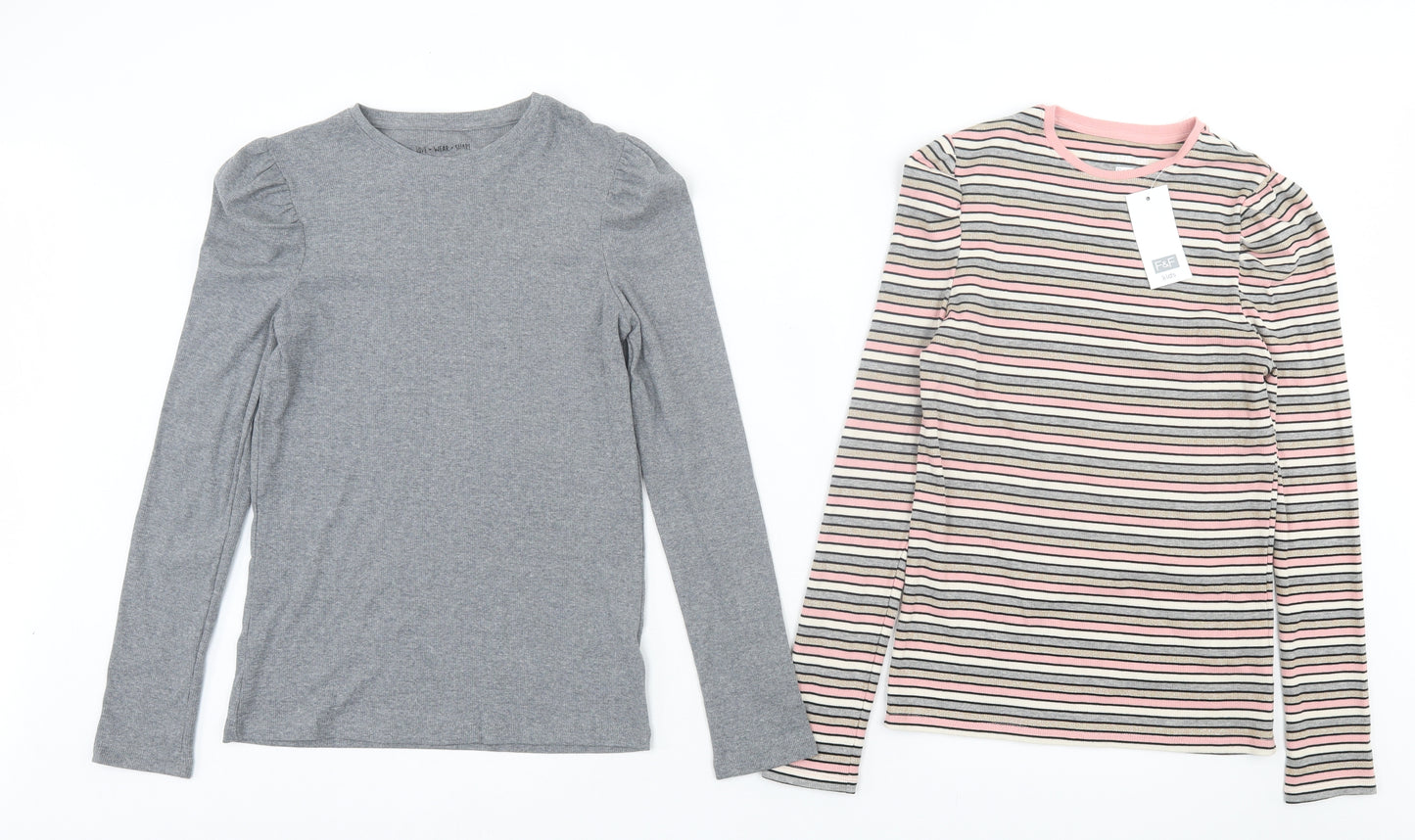 F&F Girls Grey Striped Cotton Basic Casual Size 13-14 Years Crew Neck Pullover - 2 Pack