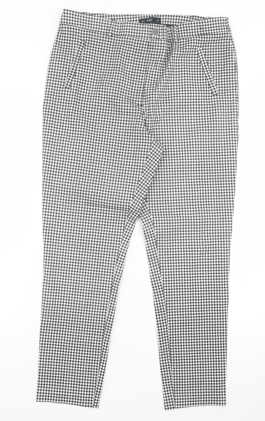 F&F Womens White Plaid Viscose Trousers Size 16 L27 in Regular Button