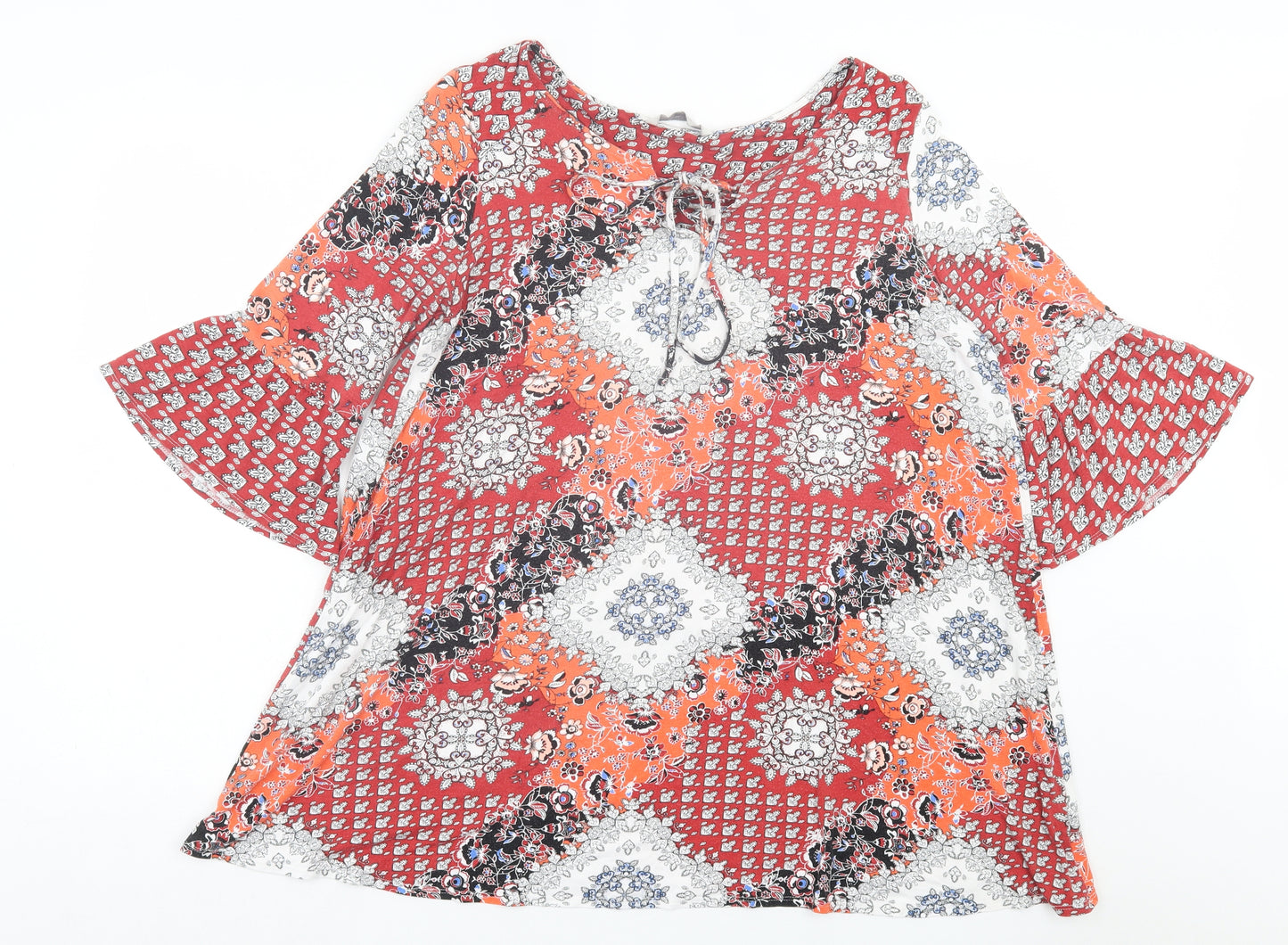 George Womens Multicoloured Geometric Viscose Basic T-Shirt Size 18 V-Neck - Tie Neckline. Frill Sleeves