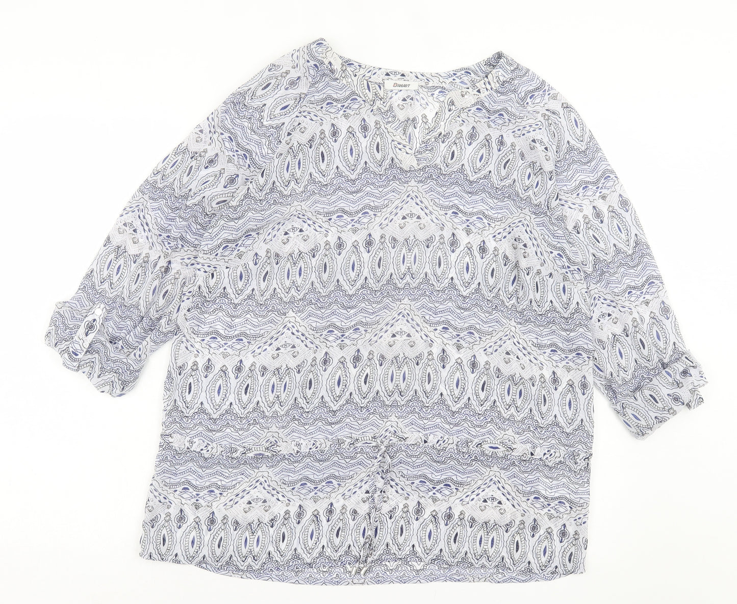 Damart Womens Blue Geometric Polyester Basic Blouse Size 18 V-Neck - Drawstring Belt