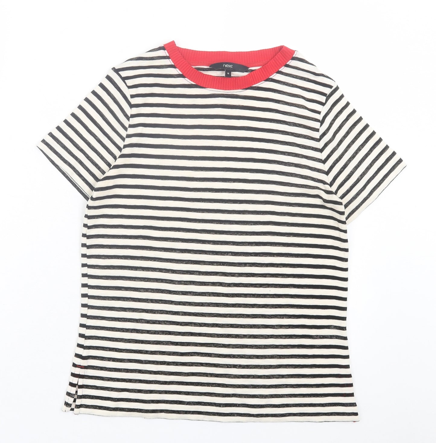 NEXT Womens Beige Striped Cotton Basic T-Shirt Size 10 Crew Neck - Red Neckline