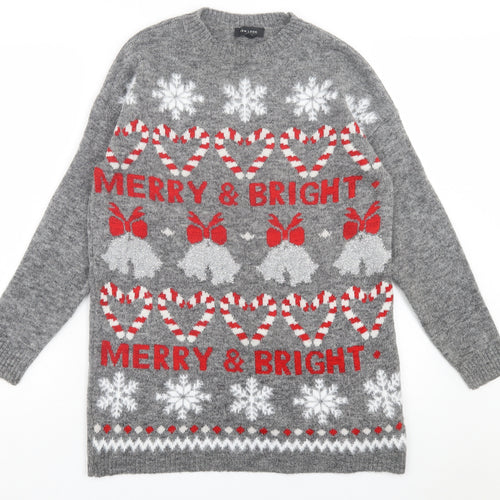 New Look Womens Grey Crew Neck Geometric Acrylic Pullover Jumper Size S - Christmas