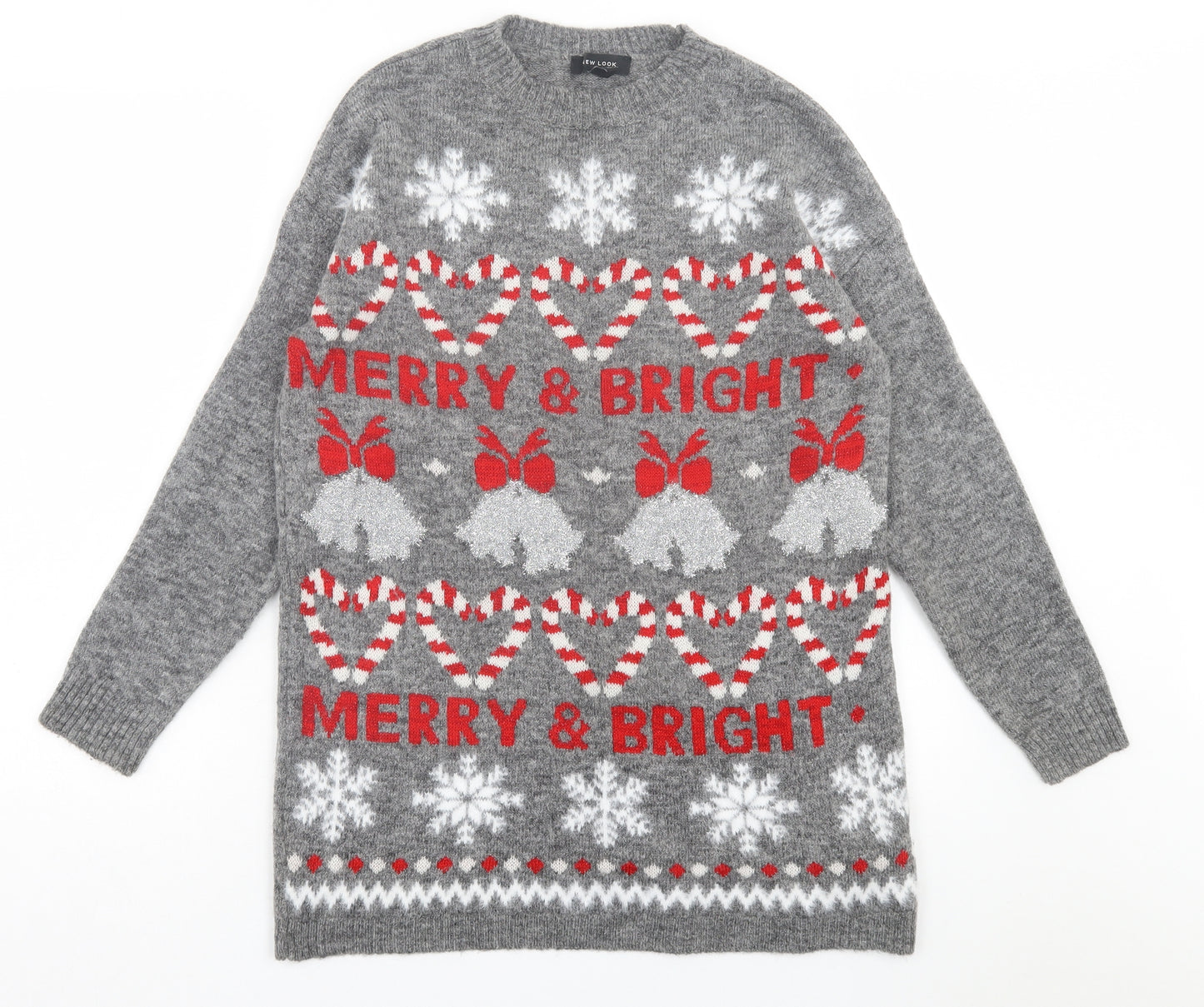 New Look Womens Grey Crew Neck Geometric Acrylic Pullover Jumper Size S - Christmas