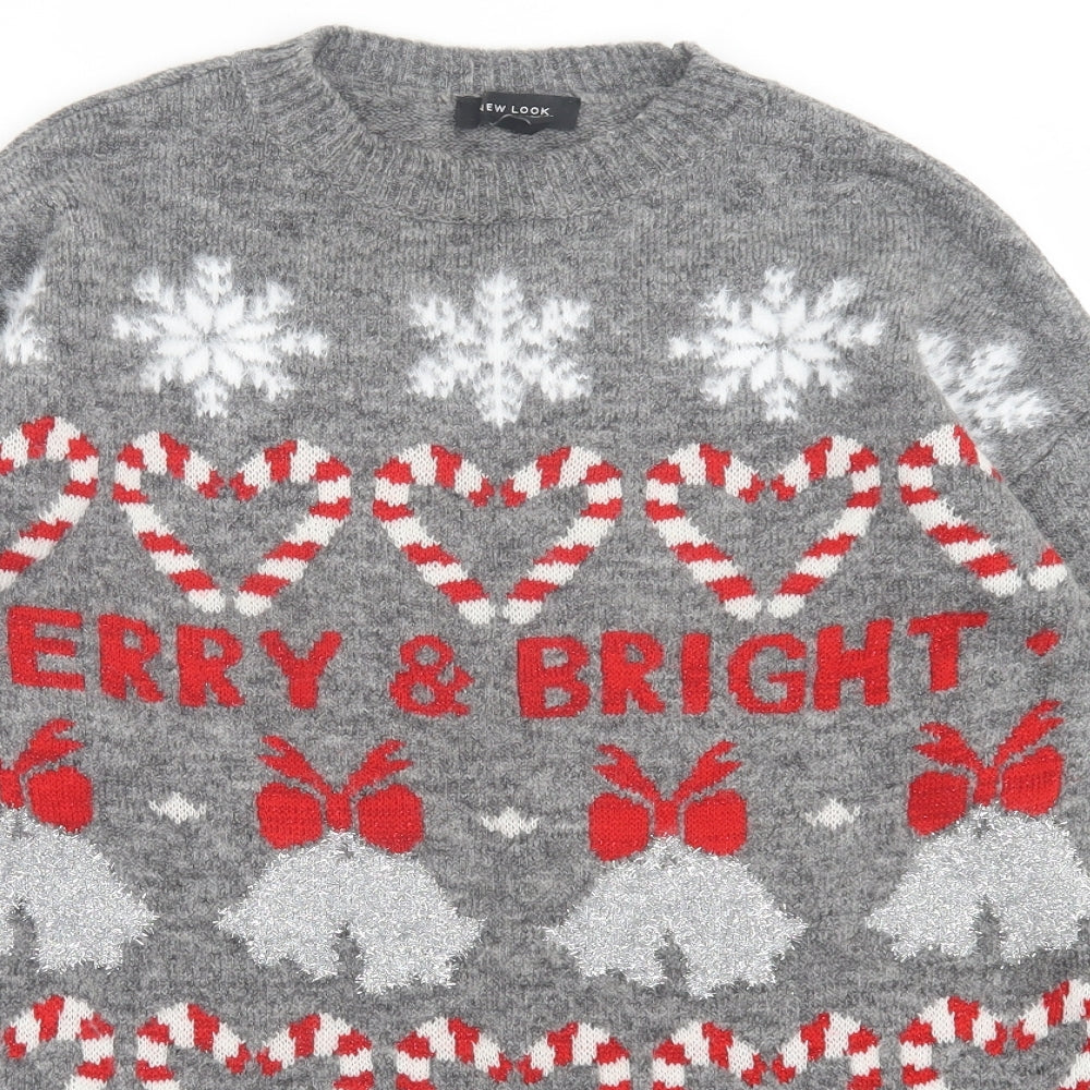 New Look Womens Grey Crew Neck Geometric Acrylic Pullover Jumper Size S - Christmas