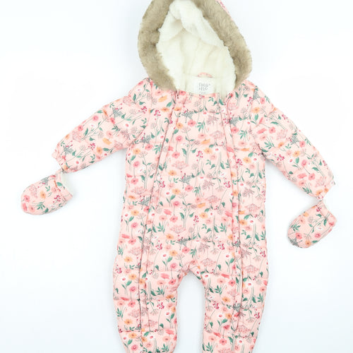 F&F Girls Pink Floral Basic Coat Snowsuit Size 18-24 Months Zip - With Gloves