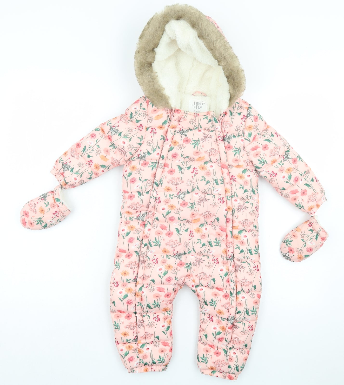 F&F Girls Pink Floral Basic Coat Snowsuit Size 18-24 Months Zip - With Gloves