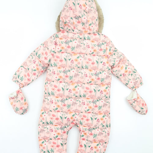F&F Girls Pink Floral Basic Coat Snowsuit Size 18-24 Months Zip - With Gloves