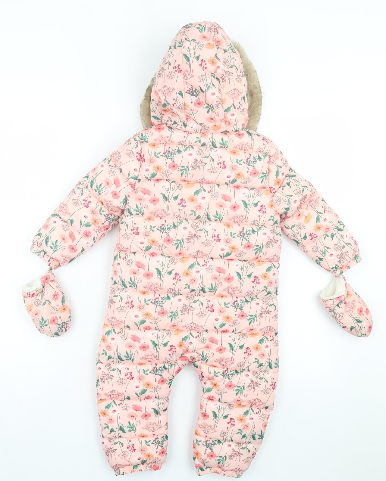 F&F Girls Pink Floral Basic Coat Snowsuit Size 18-24 Months Zip - With Gloves