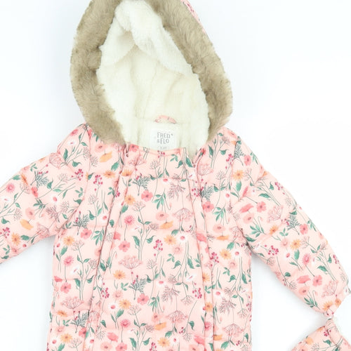 F&F Girls Pink Floral Basic Coat Snowsuit Size 18-24 Months Zip - With Gloves