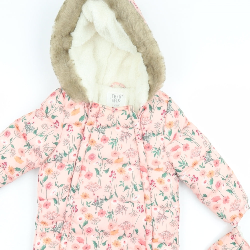 F&F Girls Pink Floral Basic Coat Snowsuit Size 18-24 Months Zip - With Gloves