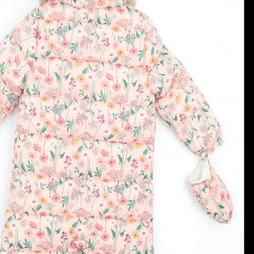 F&F Girls Pink Floral Basic Coat Snowsuit Size 18-24 Months Zip - With Gloves