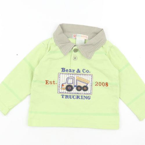 Ohm & Emmy Baby Green Cotton Basic Polo Size 3-6 Months Collared Button - Trucking