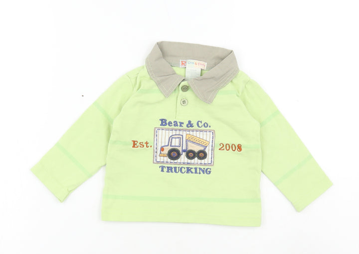 Ohm & Emmy Baby Green Cotton Basic Polo Size 3-6 Months Collared Button - Trucking