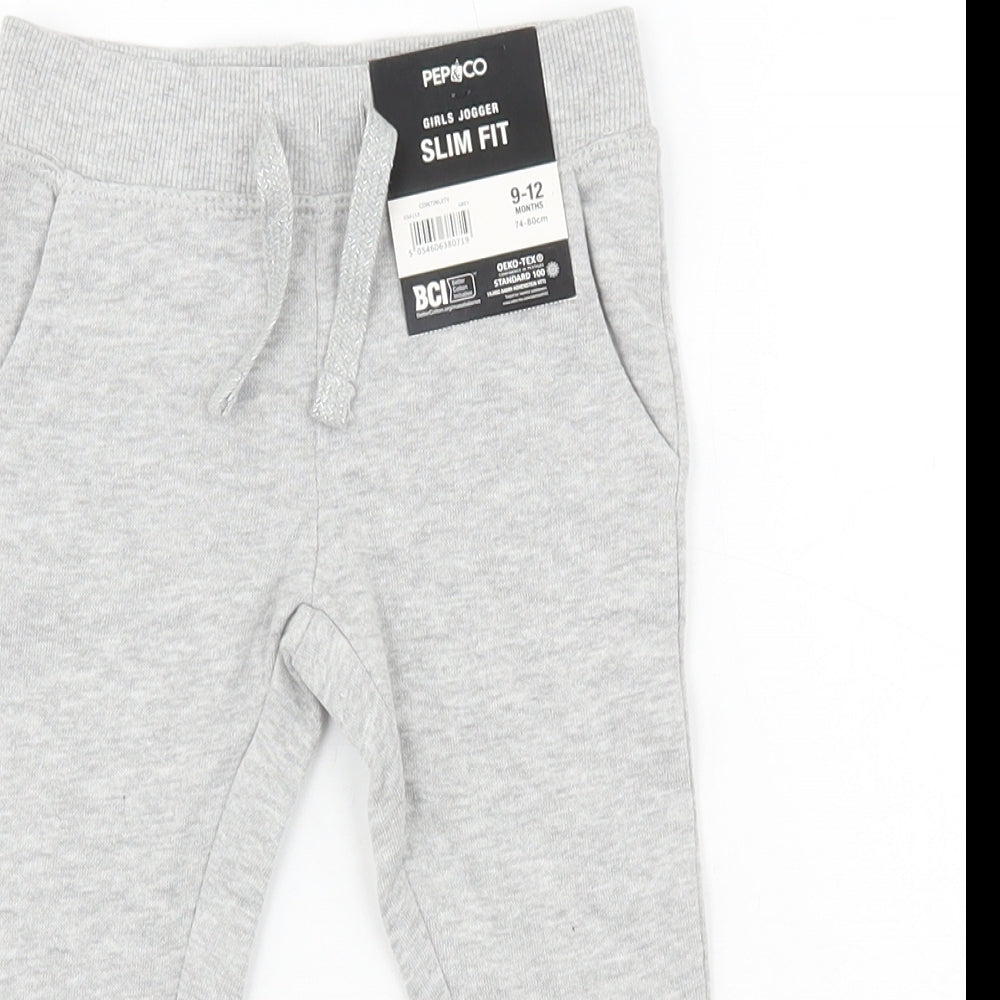 Pep & Co Girls Grey Cotton Jogger Trousers Size 9-12 Months Tie
