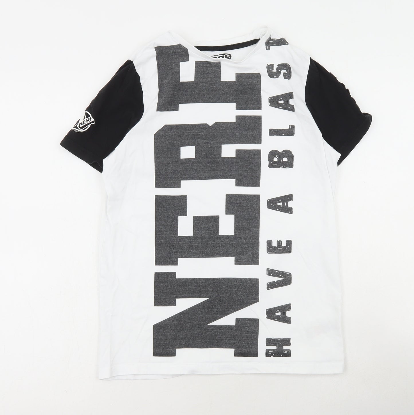 Primark Boys White Colourblock Cotton Basic T-Shirt Size 11-12 Years Round Neck Pullover - Nerf
