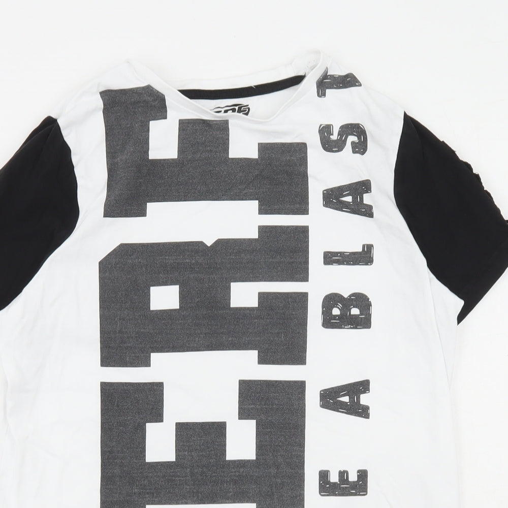 Primark Boys White Colourblock Cotton Basic T-Shirt Size 11-12 Years Round Neck Pullover - Nerf