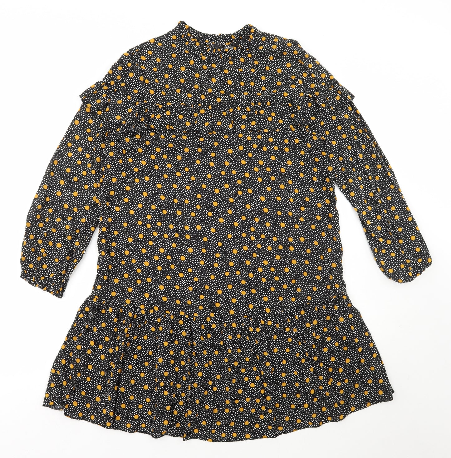 New Look Womens Black Polka Dot Viscose Shift Size 12 High Neck Button