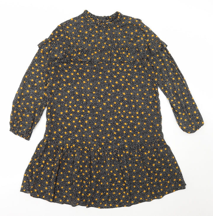 New Look Womens Black Polka Dot Viscose Shift Size 12 High Neck Button