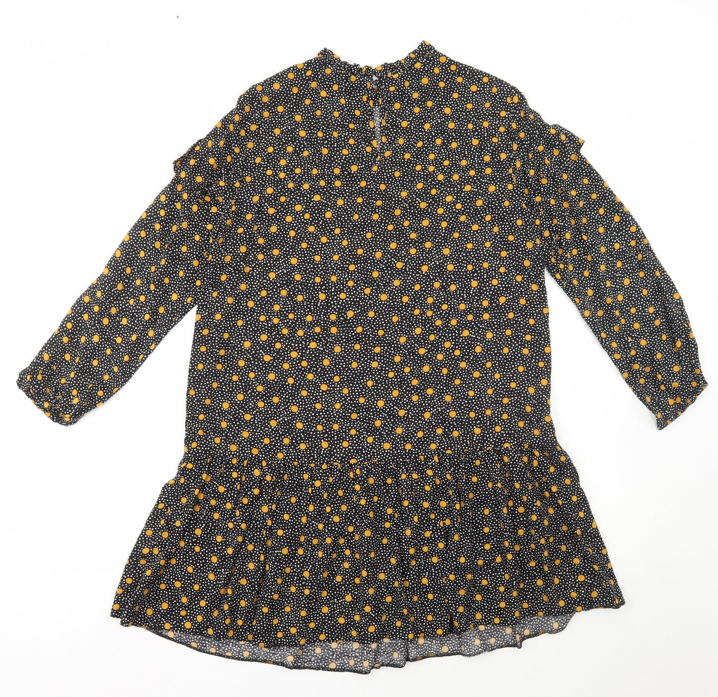 New Look Womens Black Polka Dot Viscose Shift Size 12 High Neck Button