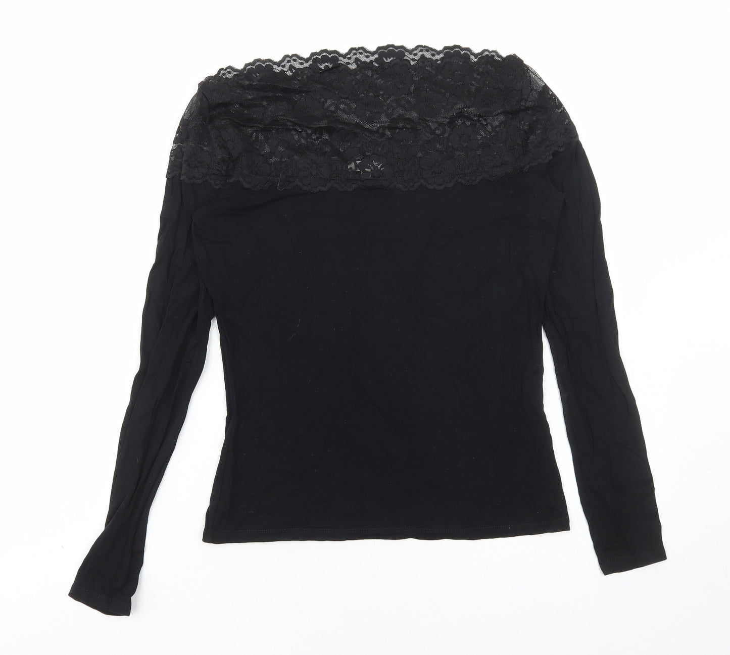 River Island Womens Black Viscose Basic Blouse Size 10 Boat Neck - Lace Detail