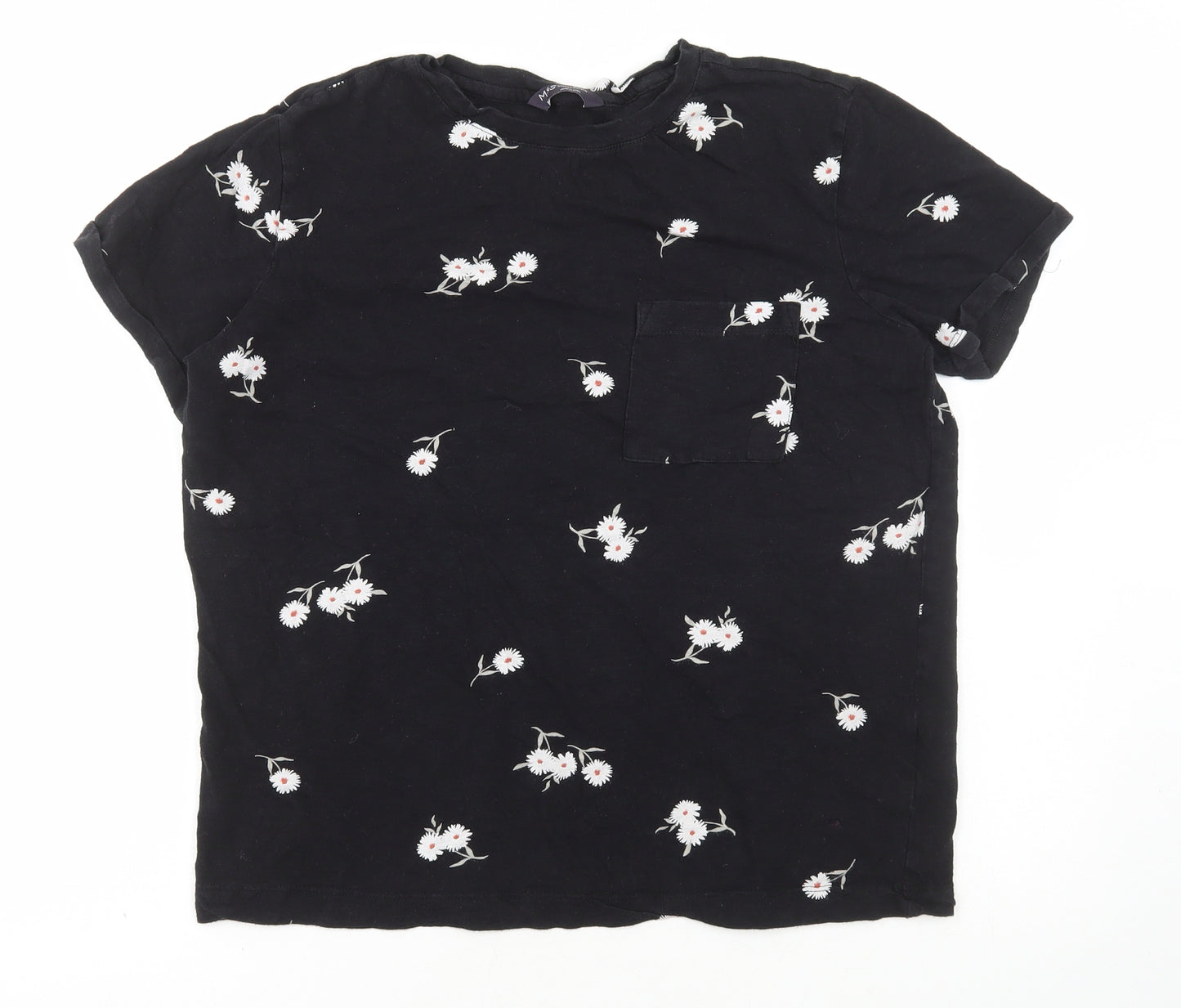 Marks and Spencer Womens Black Floral Cotton Basic T-Shirt Size 12 Round Neck