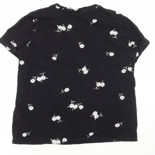 Marks and Spencer Womens Black Floral Cotton Basic T-Shirt Size 12 Round Neck