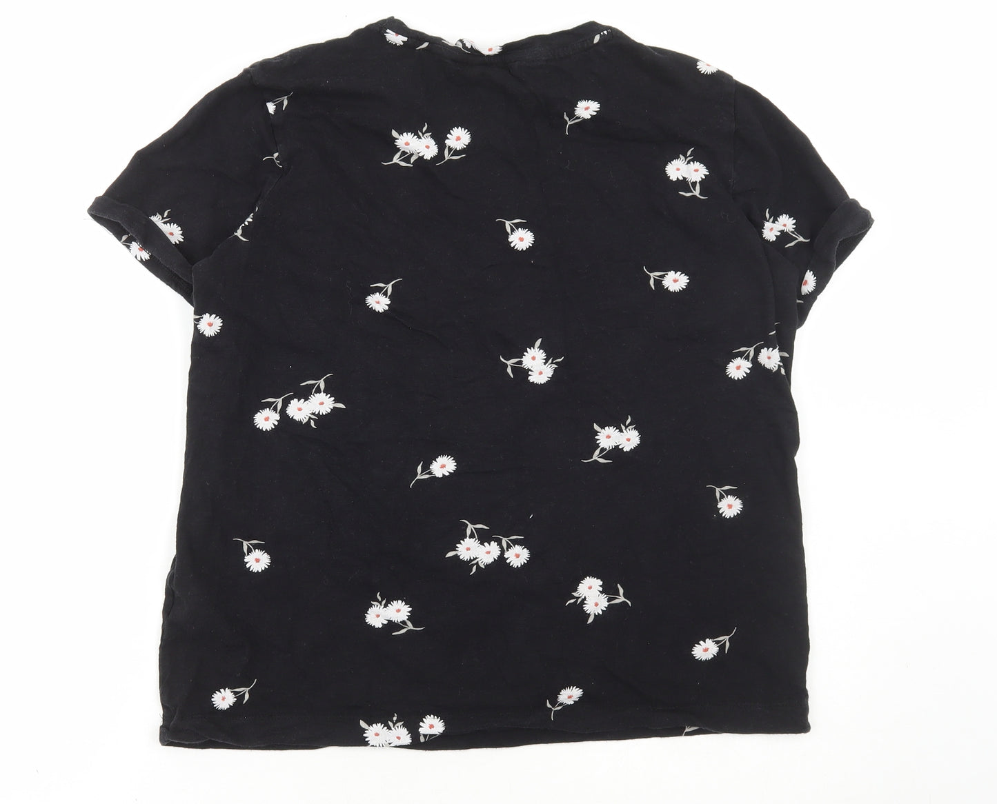 Marks and Spencer Womens Black Floral Cotton Basic T-Shirt Size 12 Round Neck